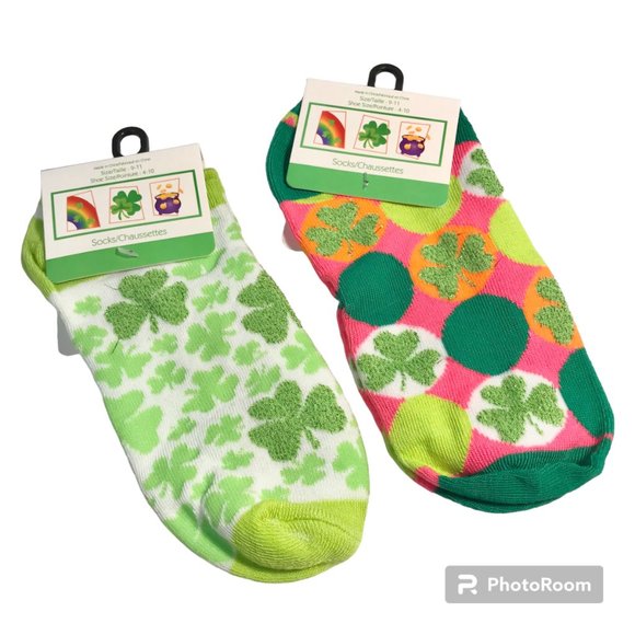 Shamrock Socks St Patricks Day Celtic Pink Green Clover 2 Pairs Lot Shamrocks - Picture 1 of 5